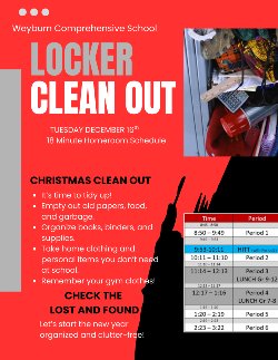 Red and black background. Picture of messy locker top right. Special period schedule on bottom right.